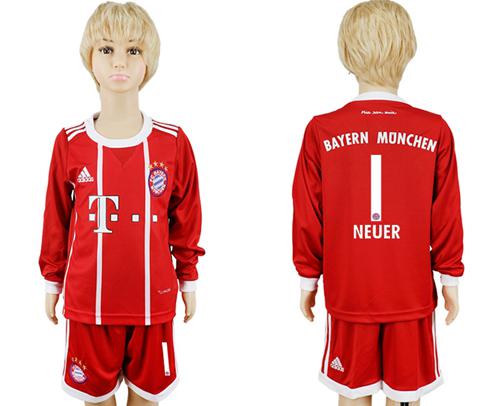 Bayern Munchen #1 Neuer Home Long Sleeves Kid Soccer Club Jersey - Click Image to Close